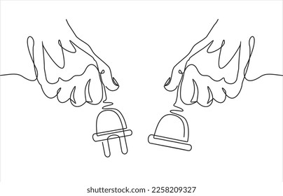 continuous One  line drawing of hands hold Electrical outlet and plug unplugged. 404 error, page not found, connection error or time out. 
