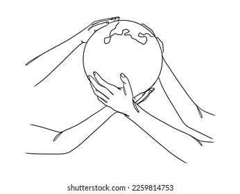 Continuous one line drawing of hands holding Earth globe. Vector illustration.