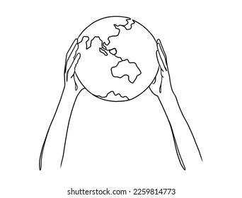 Un contínuo dibujo de una línea de las manos que sostiene el globo terrestre. Ilustración vectorial.