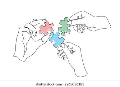 Continuous one line drawing of hands and puzzle. Business matching - connecting puzzle elements.  Puzzle game symbol and iconic business metaphor for problem solving, solution and strategy.