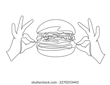 El contínuo dibujo de una línea de manos sostiene una hamburguesa. Esbozo del contorno de hamburguesas o bocadillos. El concepto de comida rápida. Ilustración vectorial.