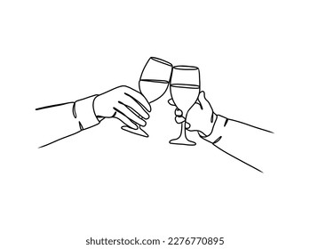 Continuous one line drawing of hands cheering with glasses of wine. Vector illustration.