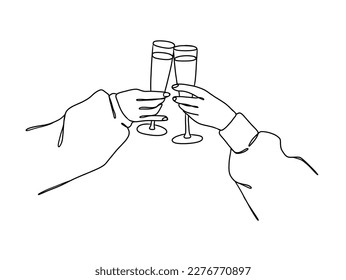 Continuous one line drawing of hands cheering with glasses of wine. Vector illustration.