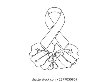 Continuous one line drawing hands holding ribbon and giving support to fight against cancer. World cancer day concept. Single line draw design vector graphic illustration.