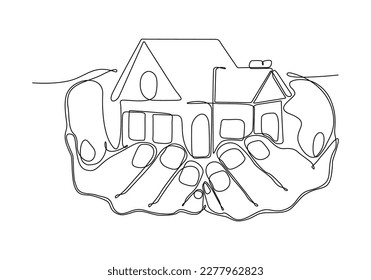 Continuous one line drawing of a hands holding a miniature house. Hand-carried small house miniature, perfect for real estate home sales marketing in doodle style