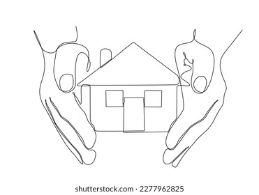 Continuous one line drawing of a hands holding a miniature house. Hand-carried small house miniature, perfect for real estate home sales marketing in doodle style