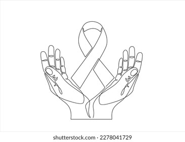 Continuous one line drawing hands holding ribbon and giving support to fight against cancer. World cancer day concept. Single line draw design vector graphic illustration.