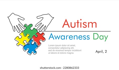 Continuous one line drawing of hands and puzzle. Autism awareness concept art. Accept autism and understand the challenges associated with it.Help people build kinder world for every unique individual