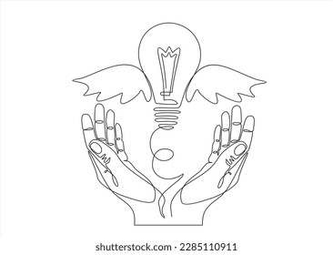Continuous One  line drawing of hands launching light bulb with wings. Creative power concept.