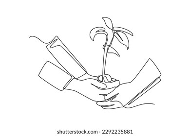 Continuous one line drawing hands hold plant together. World environment day concept. Single line draw design vector graphic illustration.