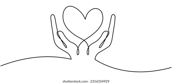 Continuous one line drawing hands holding heart. Charity donation linear concept. Vector isolated on white.