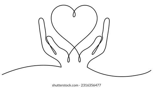 Continuous one line drawing hands holding heart. Charity donation linear concept. Vector isolated on white.