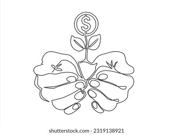 Continuous one line drawing hands holding money plant in soil on white background. Hand of businessman holding sprout a money tree. Earnings, success in work, money. Single line draw design vector