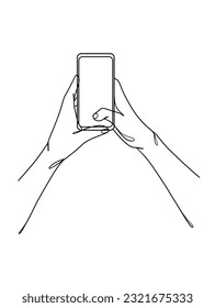 Continuous one line drawing of hands holding smartphone. Vector illustration.