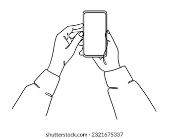 Continuous one line drawing of hands holding smartphone. Vector illustration.