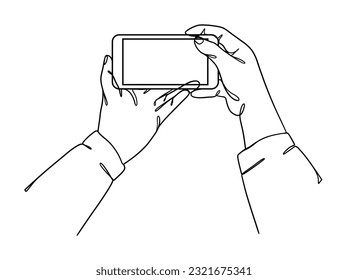 Continuous one line drawing of hands holding smartphone. Vector illustration.
