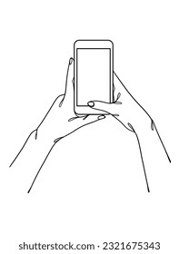 Continuous one line drawing of hands holding smartphone. Vector illustration.