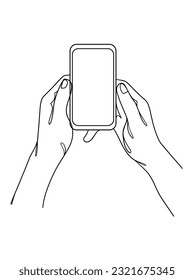 Continuous one line drawing of hands holding smartphone. Vector illustration.