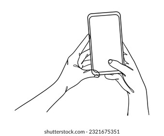 Continuous one line drawing of hands holding smartphone. Vector illustration.