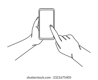 Continuous one line drawing of hands holding smartphone. Vector illustration.