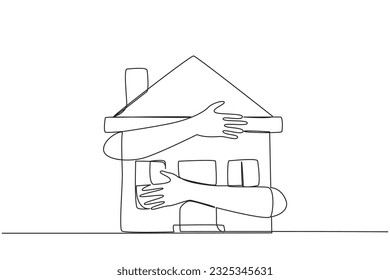 Continuous one line drawing of hands hugging miniature house. Concept of making house as collateral if the business fails. Keep paying mortgage so that house not foreclosed. Single line draw vector