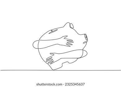 Continuous one line drawing of hands hugging piggy bank. Saving in the present for life in the future. The concept of concern for financial future. Single line draw design vector illustration