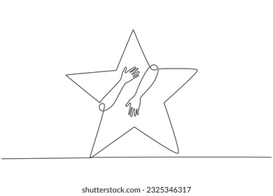 Continuous one line drawing of hands hugging five pointed star. Successfully touching the stars means succeeding in making business fly as high as the stars in the sky. Single line draw design vector