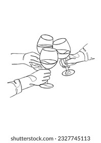 Continuo dibujo de una línea de manos animando con vasos de vino. Ilustración vectorial.