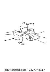 Continuous one line drawing of hands cheering with glasses of wine. Vector illustration.