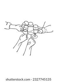 Continuous one line drawing of hands cheering with glasses of wine. Vector illustration.