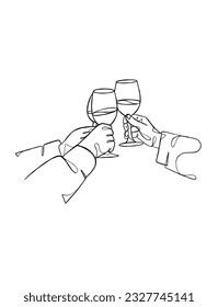 Continuous one line drawing of hands cheering with glasses of wine. Vector illustration.