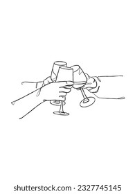 Continuous one line drawing of hands cheering with glasses of wine. Vector illustration.