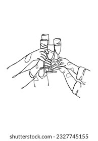 Continuous one line drawing of hands cheering with glasses of wine. Vector illustration.