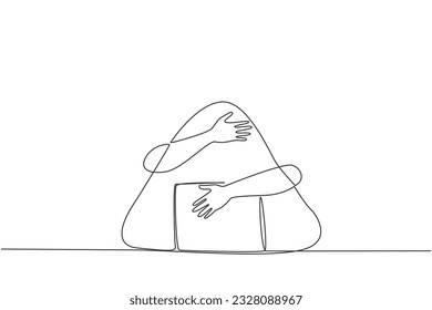 Continuous one line drawing of hands hugging onigiri. The rice is balled up with a layer of seaweed. One of the typical Japanese food which is also famous in the world. Single line draw design vector