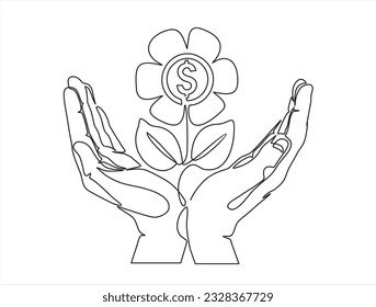 Continuous one line drawing hands holding money plant in soil on white background. Hand of businessman holding sprout a money tree. Earnings, success in work, money. Single line draw design vector