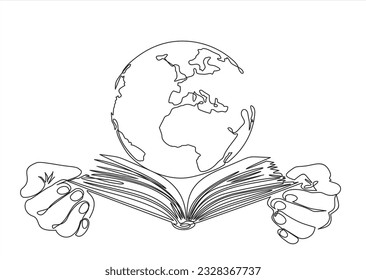 Continuous one line drawing of hands hold open Book and globe Earth planet concept