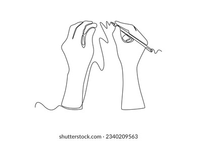 Continuous one line drawing of hands holding pens and pencils, writing letter on paper, taking notes in notebook, filling diary and signing business documents concept. Doodle vector illustration.