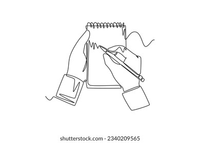 Continuous one line drawing of hands holding pens and pencils, writing letter on paper, taking notes in notebook, filling diary and signing business documents concept. Doodle vector illustration.