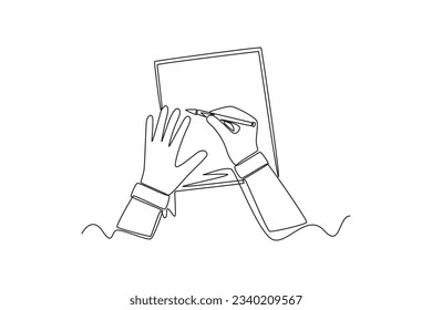 Continuous one line drawing of hands holding pens and pencils, writing letter on paper, taking notes in notebook, filling diary and signing business documents concept. Doodle vector illustration.