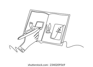 Continuous one line drawing of hands holding pens and pencils, writing letter on paper, taking notes in notebook, filling diary and signing business documents concept. Doodle vector illustration.