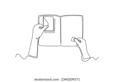 Continuous one line drawing of hands holding pens and pencils, writing letter on paper, taking notes in notebook, filling diary and signing business documents concept. Doodle vector illustration.
