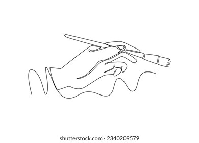 Continuous one line drawing of hands holding pens and pencils, writing letter on paper, taking notes in notebook, filling diary and signing business documents concept. Doodle vector illustration.