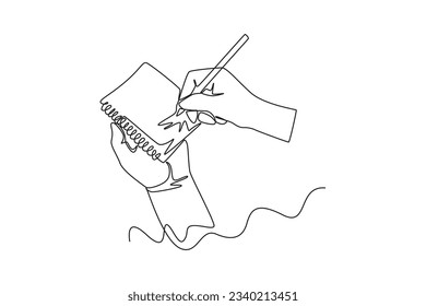Continuous one line drawing of hands holding pens and pencils, writing letter on paper, taking notes in notebook, filling diary and signing business documents concept. Doodle vector illustration.