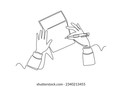 Continuous one line drawing of hands holding pens and pencils, writing letter on paper, taking notes in notebook, filling diary and signing business documents concept. Doodle vector illustration.