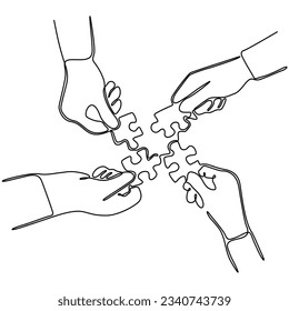 
Continuous One line drawing of hands holding puzzle pieces and want to merge together. Father or mother and son teamwork - continuous line draw vector