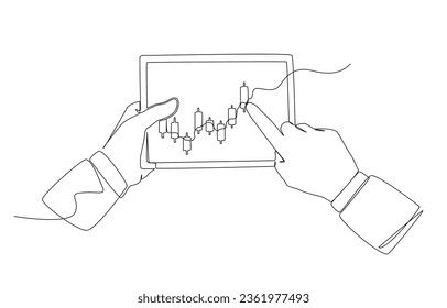 Continuous one line drawing of hands holding tablet showing candlestick stock graph, stock investment concept, single line design vector illustration. 