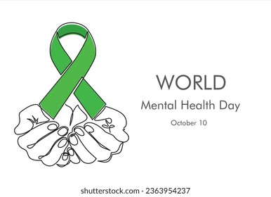 Continuous one line drawing hands holding ribbon. World Mental Health day is observed every year on October 10, A mental illness is a health problem that significantly affects how a person feels