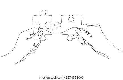 Continuous one line drawing of hands and puzzle. Vector illustration.