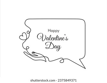 Continuo dibujo de una línea de manos sosteniendo el corazón y la burbuja del habla. Vector de arte de línea de moda sobre fondo blanco. Feliz Día de San Valentín. Concepto de San Valentín. 