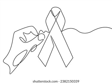 Continuous one line drawing hands holding ribbon and giving support to fight against cancer. World cancer day concept. Single line draw design vector graphic illustration.